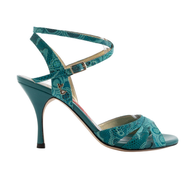 Women's tango shoe in petrol-coloured printed suede | Tangolera Shoes